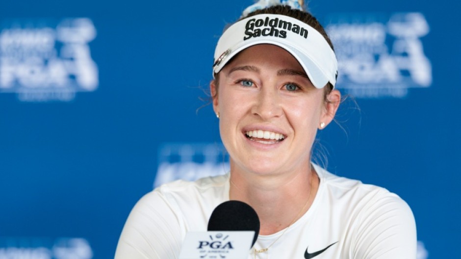 World number one Nelly Korda talks to reporters before the Women's PGA Championship, where she's chasing a third straight major title