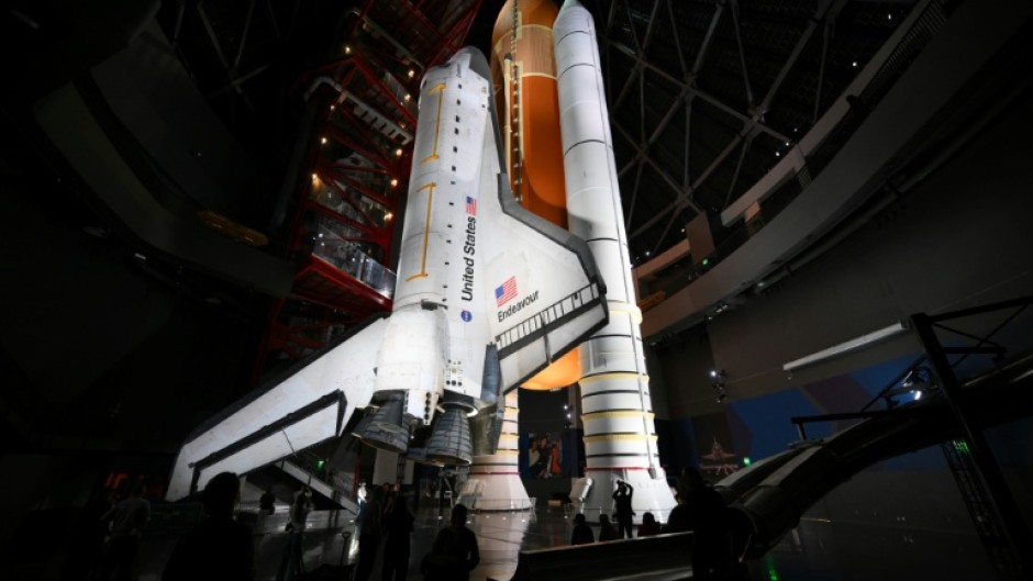 NASA’s Space Shuttle Endeavour is on permanent display at a museum in California, standing upright in its launch position