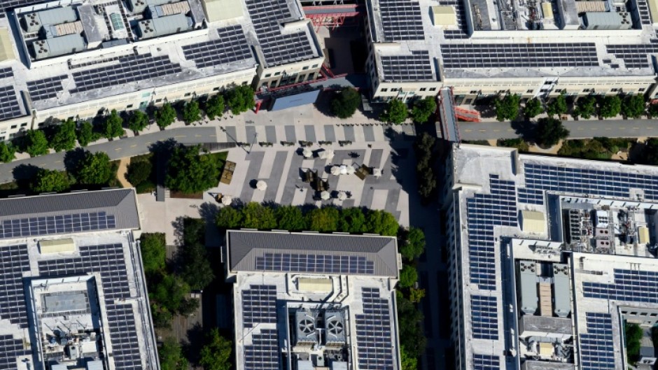 The word "Hack" is seen in this aerial view of Meta's corporate headquarter offices in Menlo Park, California