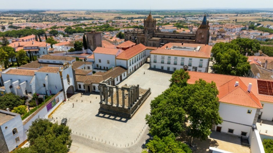 An aerial view of the Temple of Diana, which along with the streets of Evora emptied in the afternoon