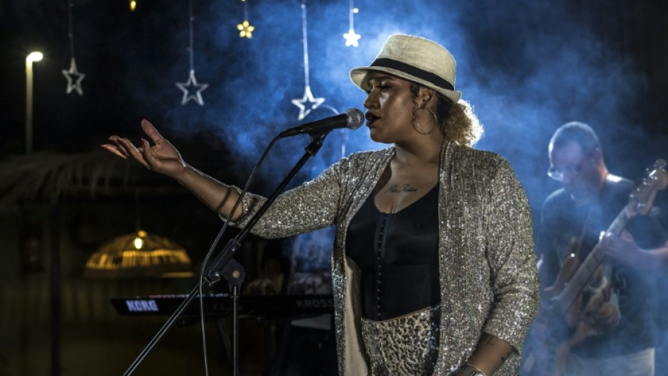 Cape Verde musician Ceuzany Pires performs during filming for the music video for her latest album, in the city of Mindelo