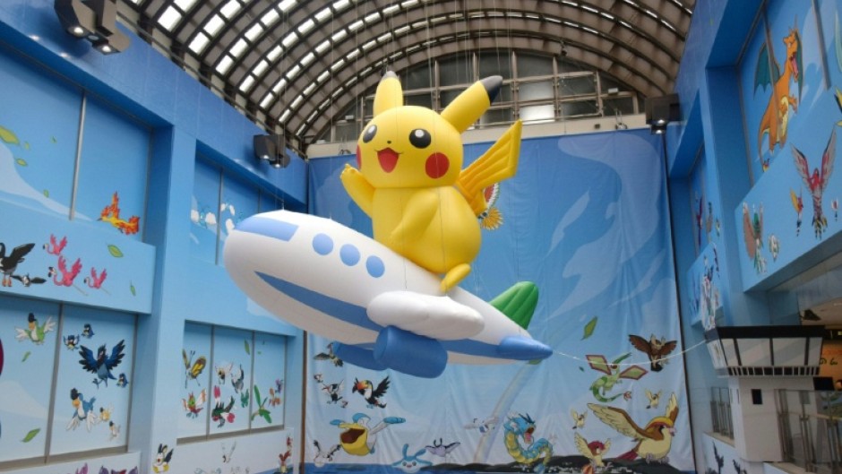 A "Pikachu" balloon is displayed at the Noto Airport in Wajima City
