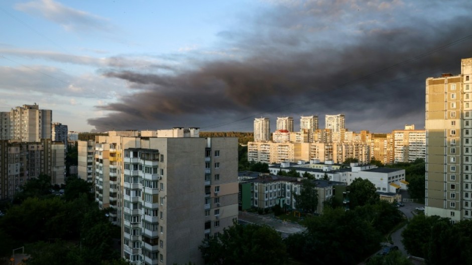 Smoke hangs in the air following Russian missile strikes on Kyiv on July 19, 2026