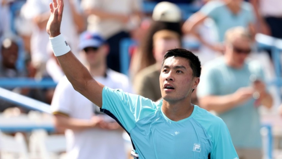 American Brandon Nakashima celebrates after defeating top-seeded defending champion Alex de Minaur of Australia in the Washington Open quarter-finals