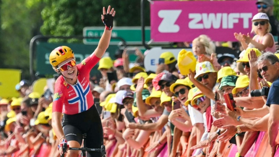 Norwegian rider Sigrid Haugset celebrates her win on stage three of the Tour de France Femmes