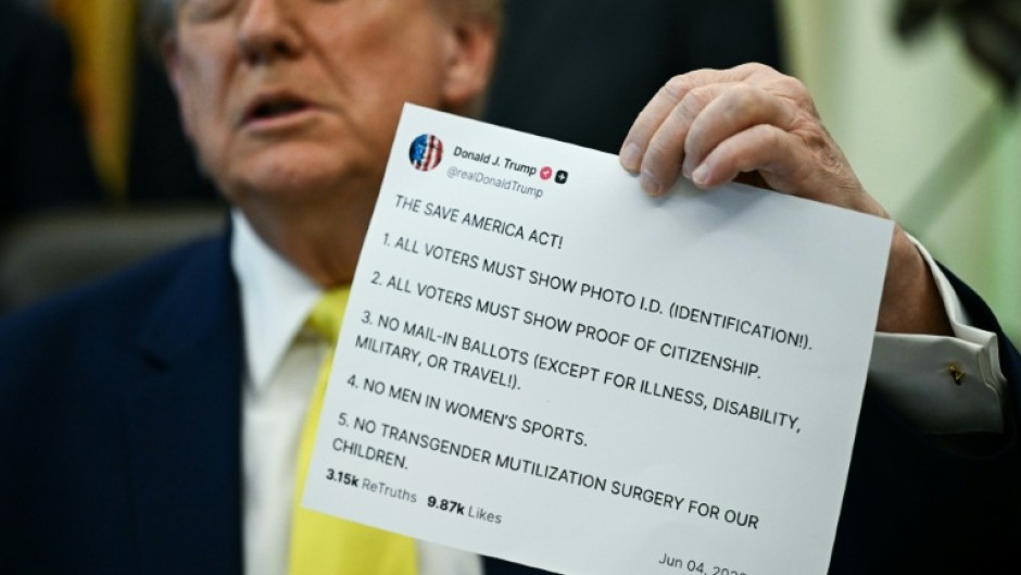 US President Donald Trump holds a printed copy of a post from his Truth Social account -- and now his media group is charging for early access to his content