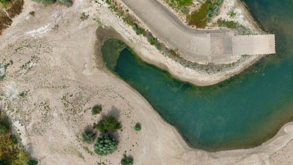 The partially dried-up river bed of the Rhine in Duisburg, western Germany on August 3, 2026, 2026, following exceptionally hot weather