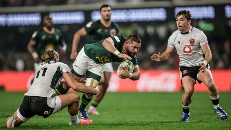 South Africa scrum-half Cobus Reinach (C) playing against Wales in a 2026 Nations Championship Test in Durban.
