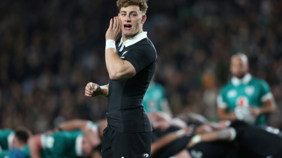 New Zealand fly-half Ruben Love gives an instruction during the 2026 Nations Championship match against Ireland in Auckland.