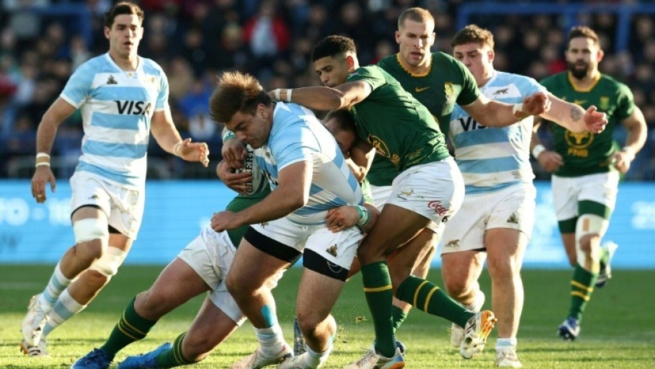 Argentina prop Tomas Rapetti is tackled during a one-off Test against South Africa in Buenos Aires