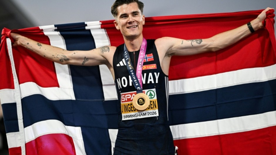 Norway's Jakob Ingebrigtsen celebrates after winning the men's 5,000m at the European Athletics Championships