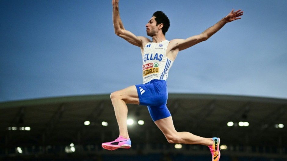 Greece's Miltiadis Tentoglou en route to victory in the European long jump