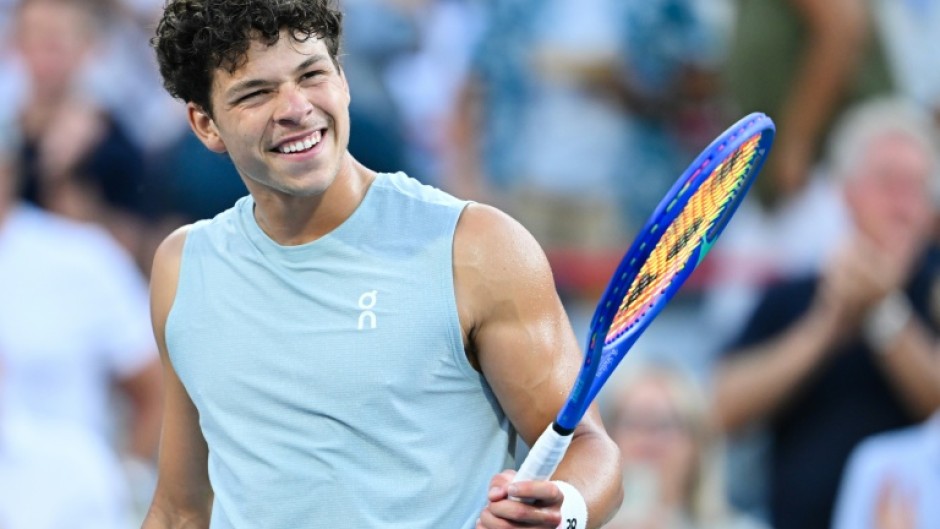 Defending champion Ben Shelton of the United States celebrates a quarter-final victory over Czech Jakub Mensik at the ATP Montreal Masters