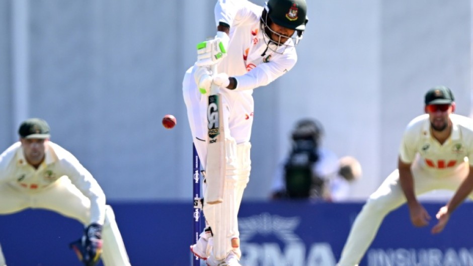 Tanzid Hasan plays a shot on the second day of the first Test