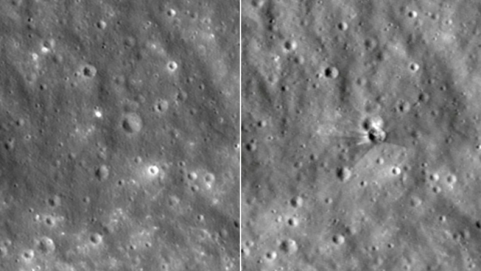 The moon's surface before (L) and after (R) it was struck by a SpaceX rocket leaving a crater that is 60 feet wide and 10 feet deep