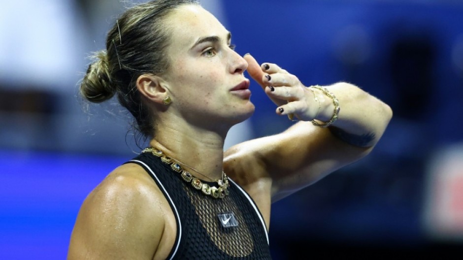Belarus's Aryna Sabalenka celebrates after defeating Russia's Polina Iatcenko to advance to the third round of the US Open