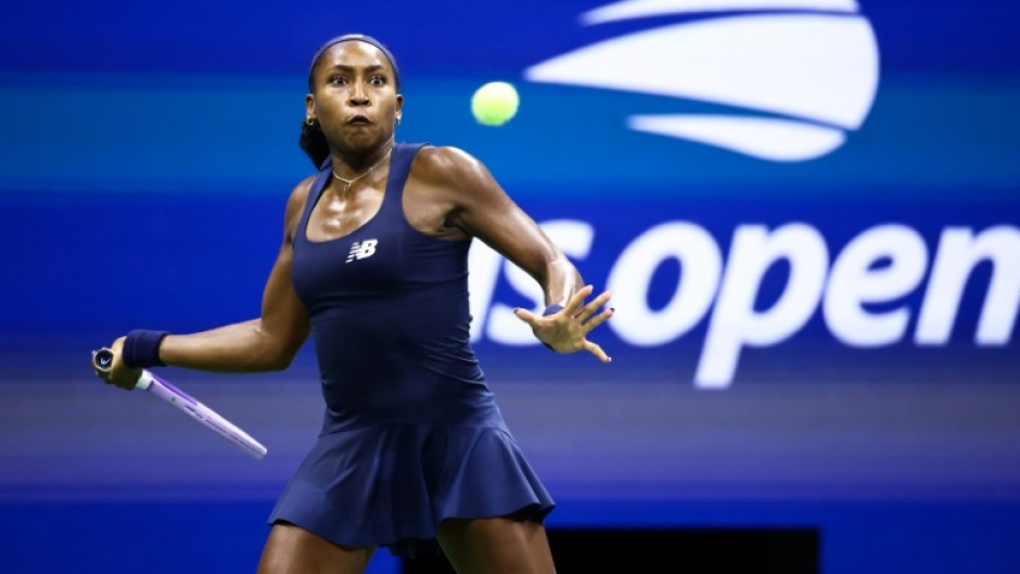 Coco Gauff strikes a forehand on the way to a straight-set win over fellow American Iva Jovic to reach the quarter-finals of the US Open