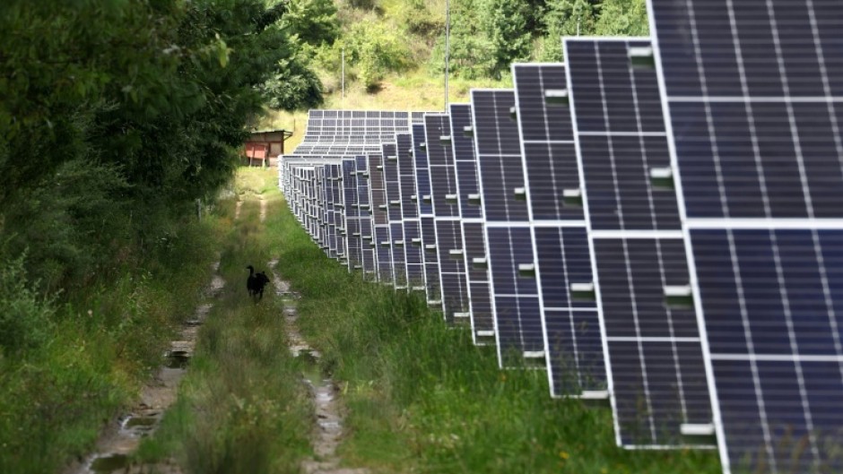 Solar panels at the Dechencholing solar farm in Bhutan's capital city of Thimphu
