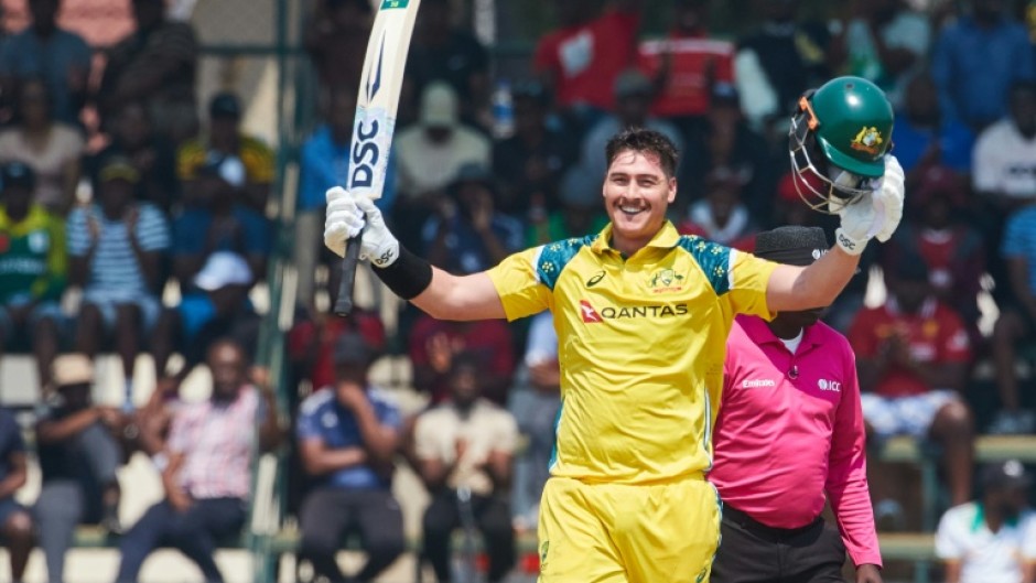 Australian batter Matt Renshaw celebrates his second international century in Harare, almost 10 years after his first