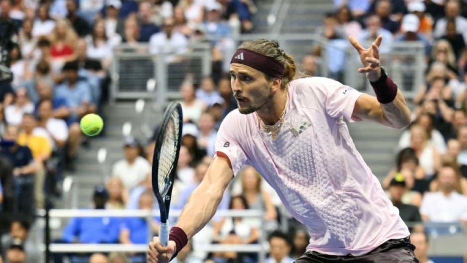 Germany's Alexander Zverev belts a backhand in his US Open victory over Ben Shelton