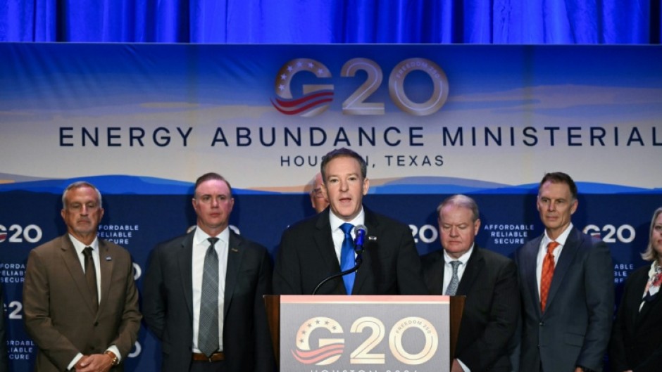 US Administrator of the Environmental Protection Agency (EPA) Lee Zeldin (center) announced Washington has scrapped limits on carbon pollution during a G20 Ministerial meeting on Energy Abundance in Houston, Texas