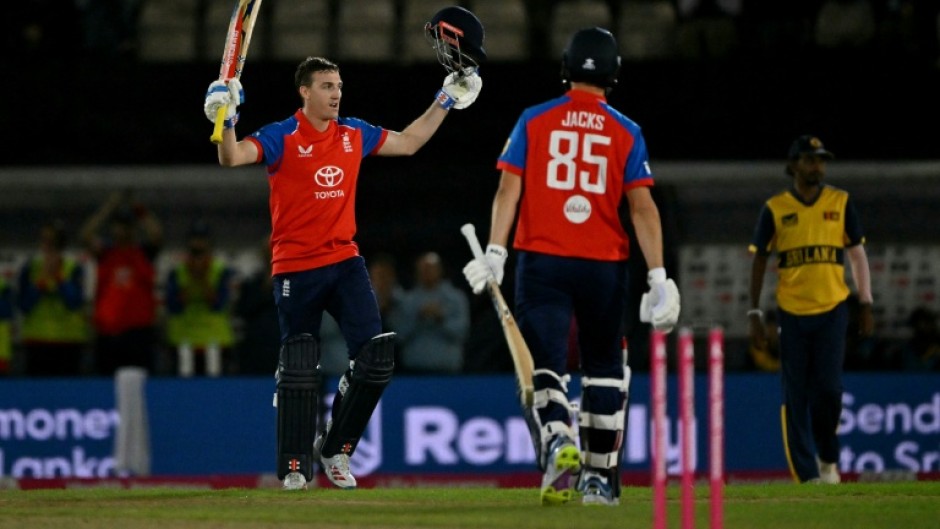England captain Harry Brook celebrates his century during the first T20 against Sri Lanka at Southampton