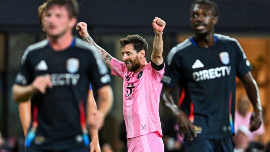 Lionel Messi celebrates after after scoring for Inter Miami but the MLS champions were frustrated in a 2-2 draw with San Diego