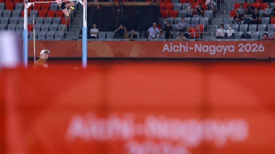 Japan's Misaki Morota on her way to women's pole vault gold on Friday, watched by a sparse crowd at the Mizuho Park Athletics Stadium in Nagoya