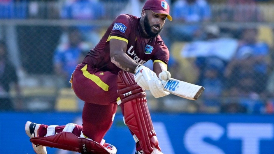 West Indies' John Campbell plays a shot during the second one-day international (ODI) cricket match between India and West Indies at the Barsapara Cricket Stadium in Guwahati on September 30, 2026.