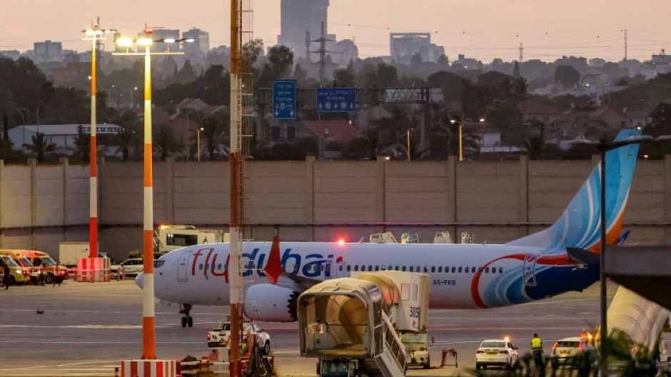 A flydubai Boeing 737 MAX 8 aircraft is pictured on the tarmac after landing at Israel's Ben Gurion Airport on Wednesday