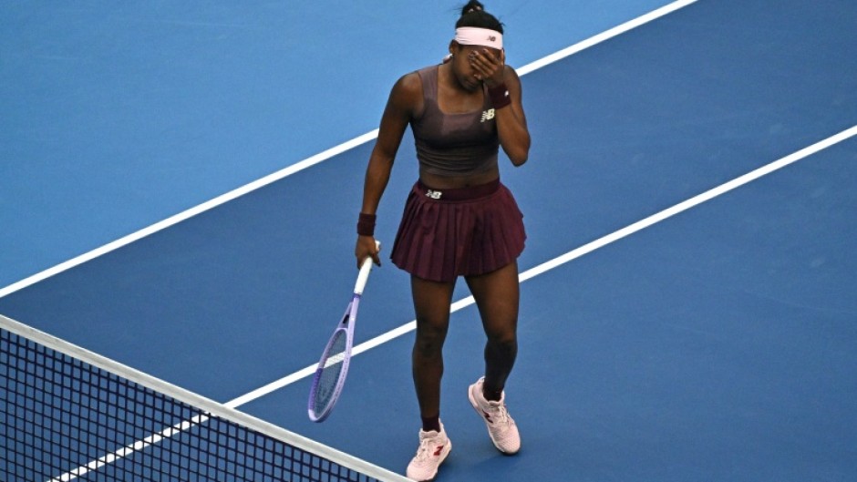 USA's Coco Gauff reacts during her women's singles match against Belgium’s Elise Mertens at the China Open tennis tournament in Beijing on October 7, 2026.