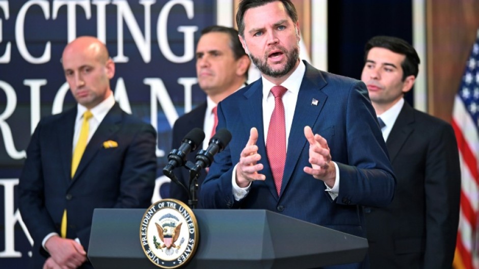 US Vice President JD Vance speaks alongside (L-R) White House Deputy Chief of Staff and Homeland Security Advisor Stephen Miller, US Attorney General Todd Blanche and US Labor Secretary Keith Sonderling