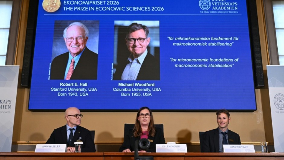 Announcing the 2026 Nobel economics prize winners Robert Hall and Michael Woodford at the Academy of Sciences in Stockholm on Monday
