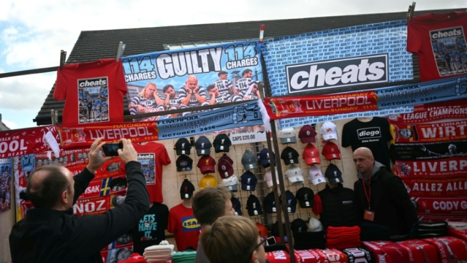 Merchandise for sale outside Anfield ahead of the Premier League match between Liverpool and Manchester City