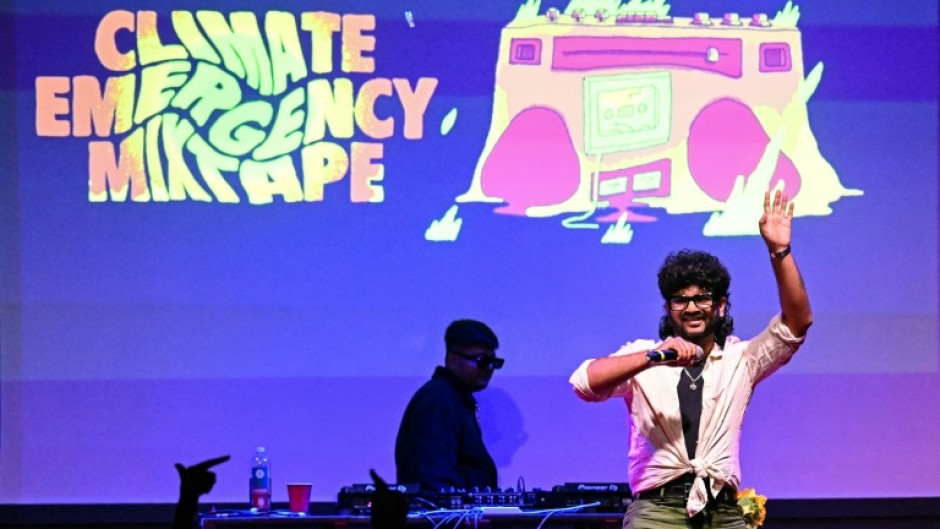 This photograph taken on October 1, 2026 shows rapper Kali, aka Akshay, performing onstage during the launch of the Indian multi-lingual rap album on climate crisis 'Climate Emergency Mixtape' at The Humming Tree in Bengaluru.