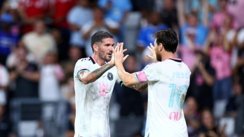Rodrigo De Paul celebrates scoring a goal set up by Inter Miami teammate Lionel Messi