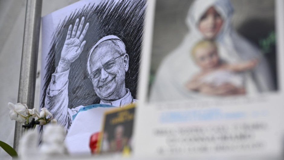 A drawing of Pope Leo XIV outside the Gemelli University Hospital, where the pontiff is recovering from surgery to remove a cancerous lung tumour