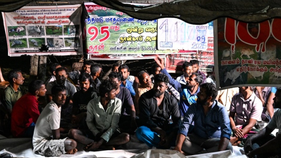 Tamil cattle farmers stage a round-the-clock vigil during a protest over alleged land encroachment at Batticaloa in Eastern Province