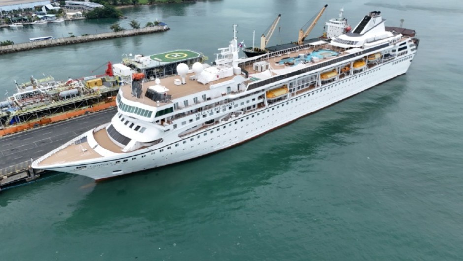 An aerial view shows the Villa Vie Residences' cruise ship Odyssey docked at Sihanoukville port in Preah Sihanouk province
