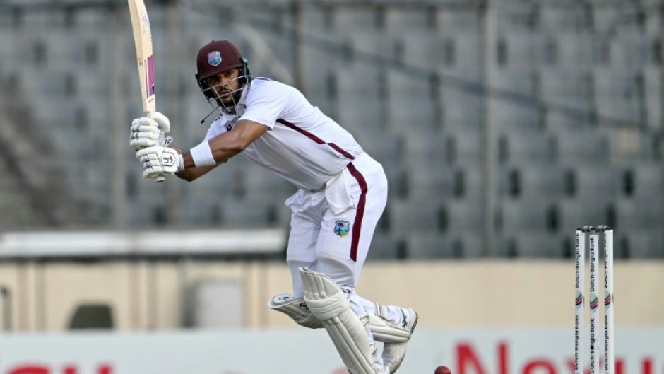 West Indies' Brandon King plays a shot during the fourth day of the first Test