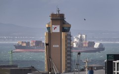 File: A ship moors outside Cape Town harbour, behind the harbour-control tower of Transnet, the State-owned Transport/Logistics company.
