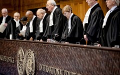 The judges including President Joan Donoghue (M) during the ruling of the International Court of Justice (ICJ) in the genocide case of Ukraine against Russia. Sem van der Wal/ANP via AFP