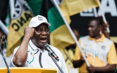 President Cyril Ramaphosa gestures to supporters during his address at the African National Congress (ANC) manifesto launch at the Moses Mabhida Stadium in Durban on February 24, 2024.