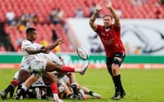 JP Smith of Emirates Lions in action with Grant Williams of Hollywoodbets Sharks. Steve Haag Sports/INPHO/Shutterstock