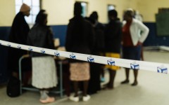 Independent Electoral Commission (IEC) officials gather to collect voting materials at the Ntolwane Primary School polling station in Nkandla, on May 29, 2024, during South Africa’s general election. 