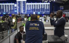 File: An IEC staff member leans against a booth at the Independent Electoral Commission (IEC) National Results Center in Midrand on May 31, 2024. 