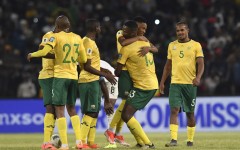 Bafana Bafana players celebrate their victory over Zimbabwe. BackpagePix/Sydney Mahlangu