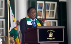 File: President of Zimbabwe Emmerson Mnangagwa looks on as he addresses a press conference at State House in Harare.