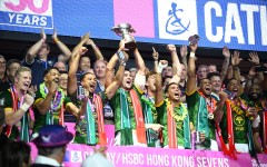 The South Africa men's team celebrate after winning the cup final match on the third day of the 2026 Rugby Sevens Hong Kong tournament. AFP/Peter Parks