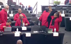 members of the uMkhonto weSizwe (MK) Party and the Economic Freedom Fighters (EFF) protesting out of the house.